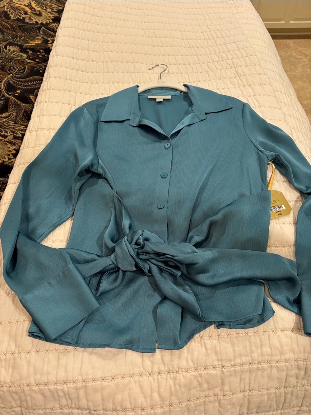 Teal Button-Front Tie-Waist Satin Blouse - Women Tops
